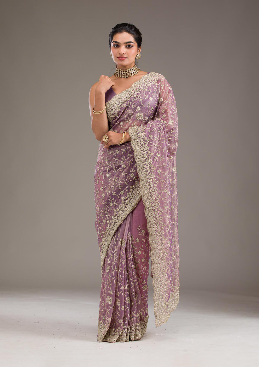 Purple Tissue Gold Zariwork Saree With Matching Blouse Piece