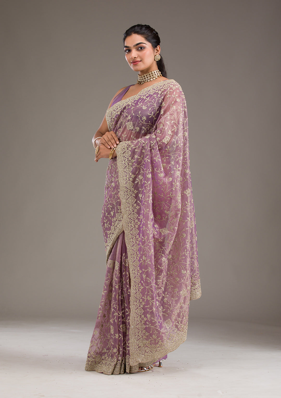 Purple Tissue Gold Zariwork Saree With Matching Blouse Piece