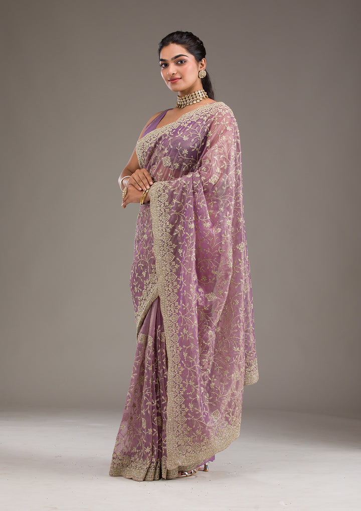 Purple Tissue Gold Zariwork Saree With Matching Blouse Piece