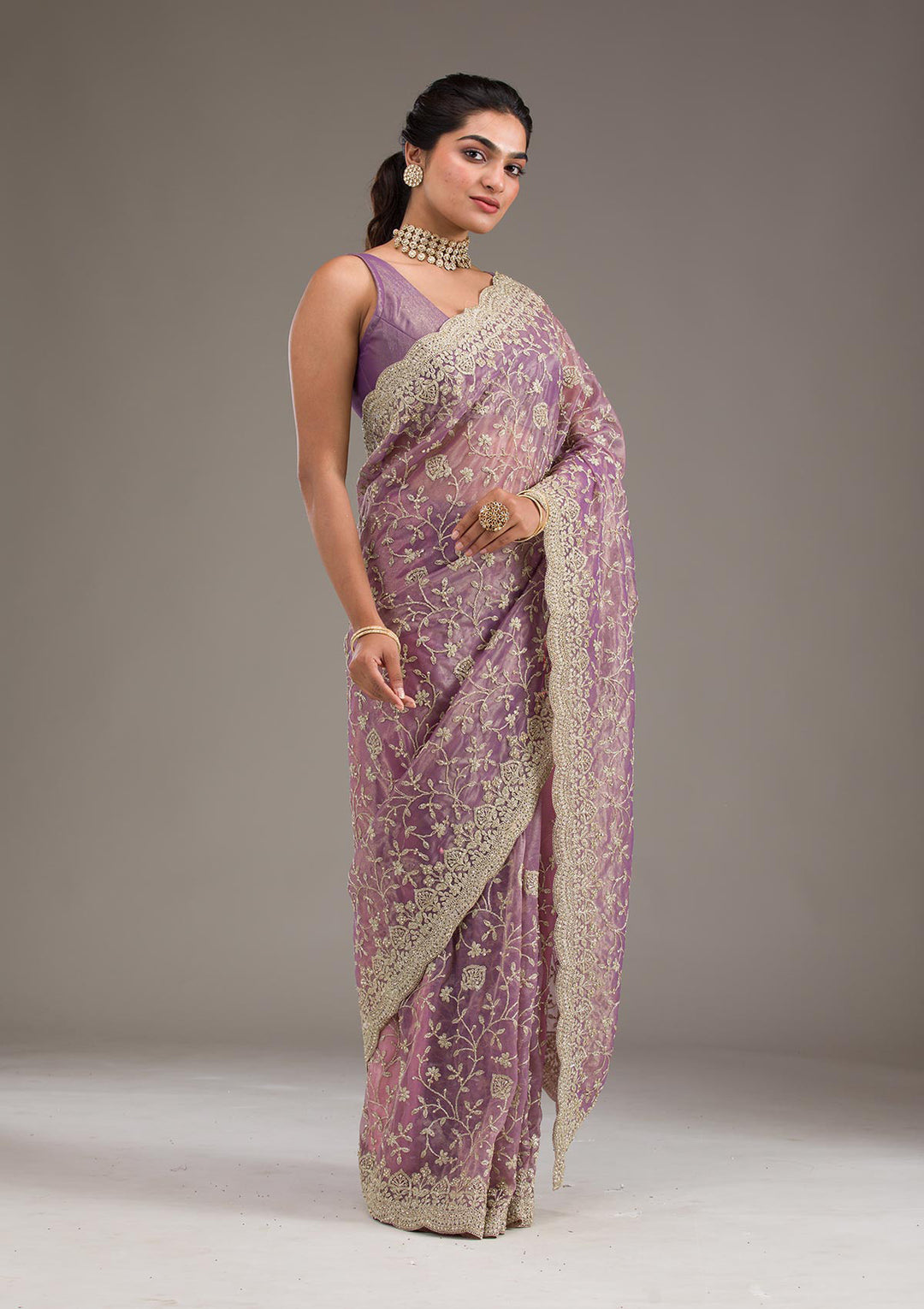 Purple Tissue Gold Zariwork Saree With Matching Blouse Piece