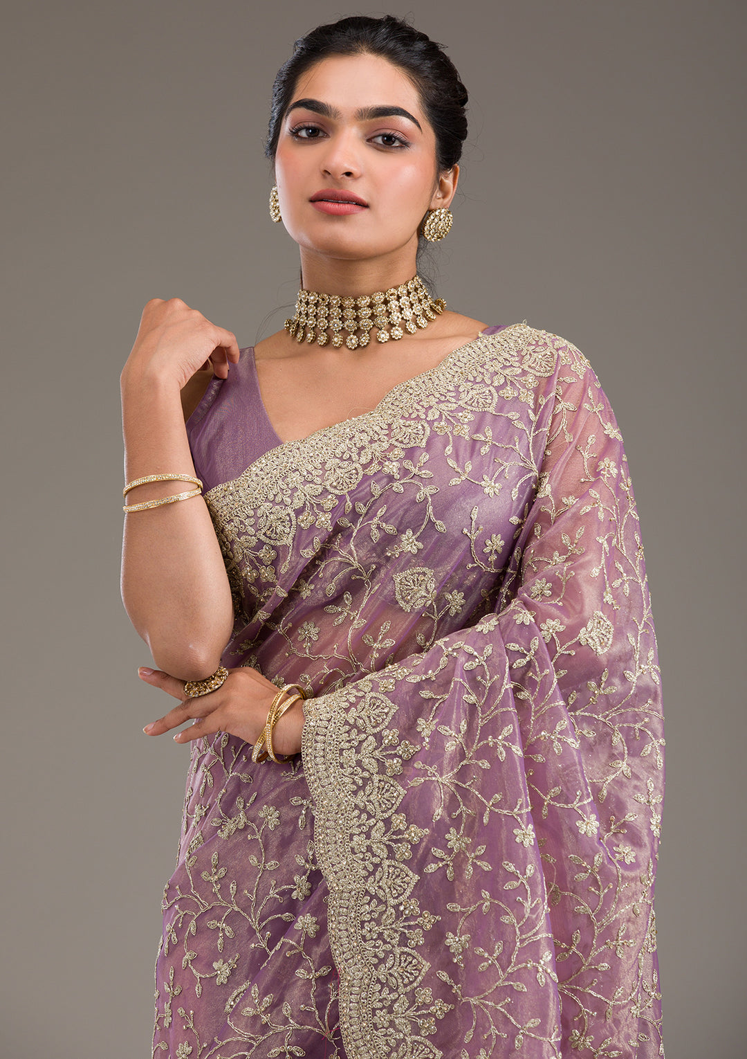 Purple Tissue Gold Zariwork Saree With Matching Blouse Piece