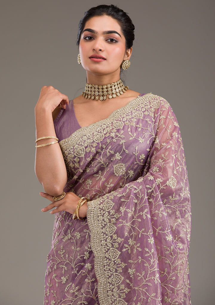 Purple Tissue Gold Zariwork Saree With Matching Blouse Piece