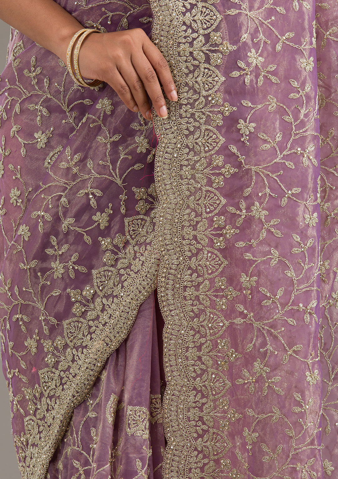 Purple Tissue Gold Zariwork Saree With Matching Blouse Piece