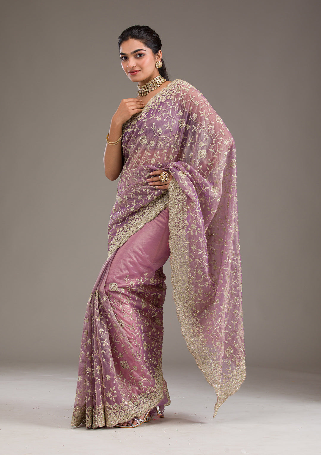 Purple Tissue Gold Zariwork Saree With Matching Blouse Piece