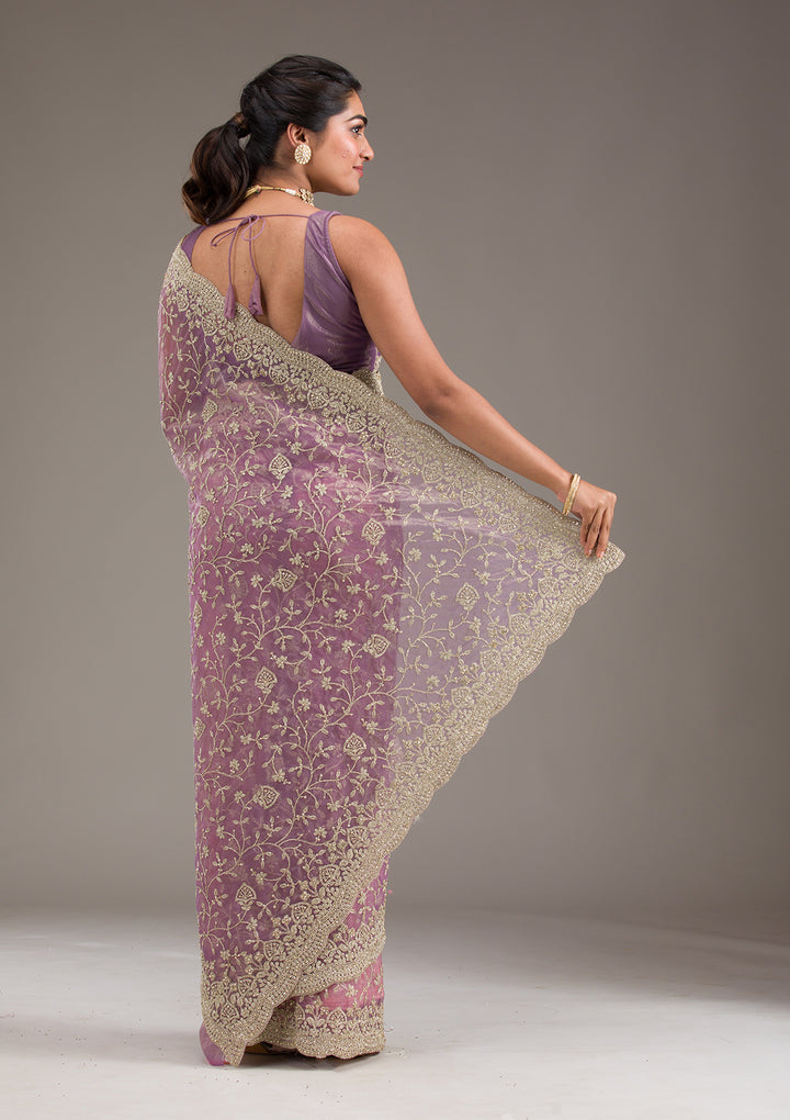 Purple Tissue Gold Zariwork Saree With Matching Blouse Piece