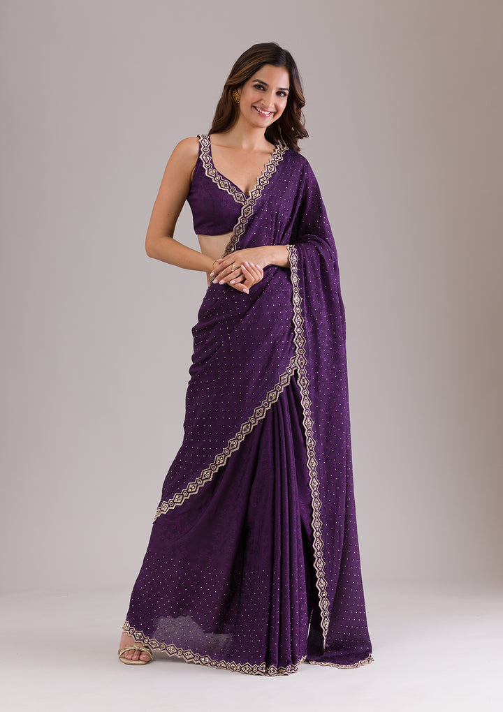 Purple Crepe Mirrorwork Saree With Matching Blouse Piece