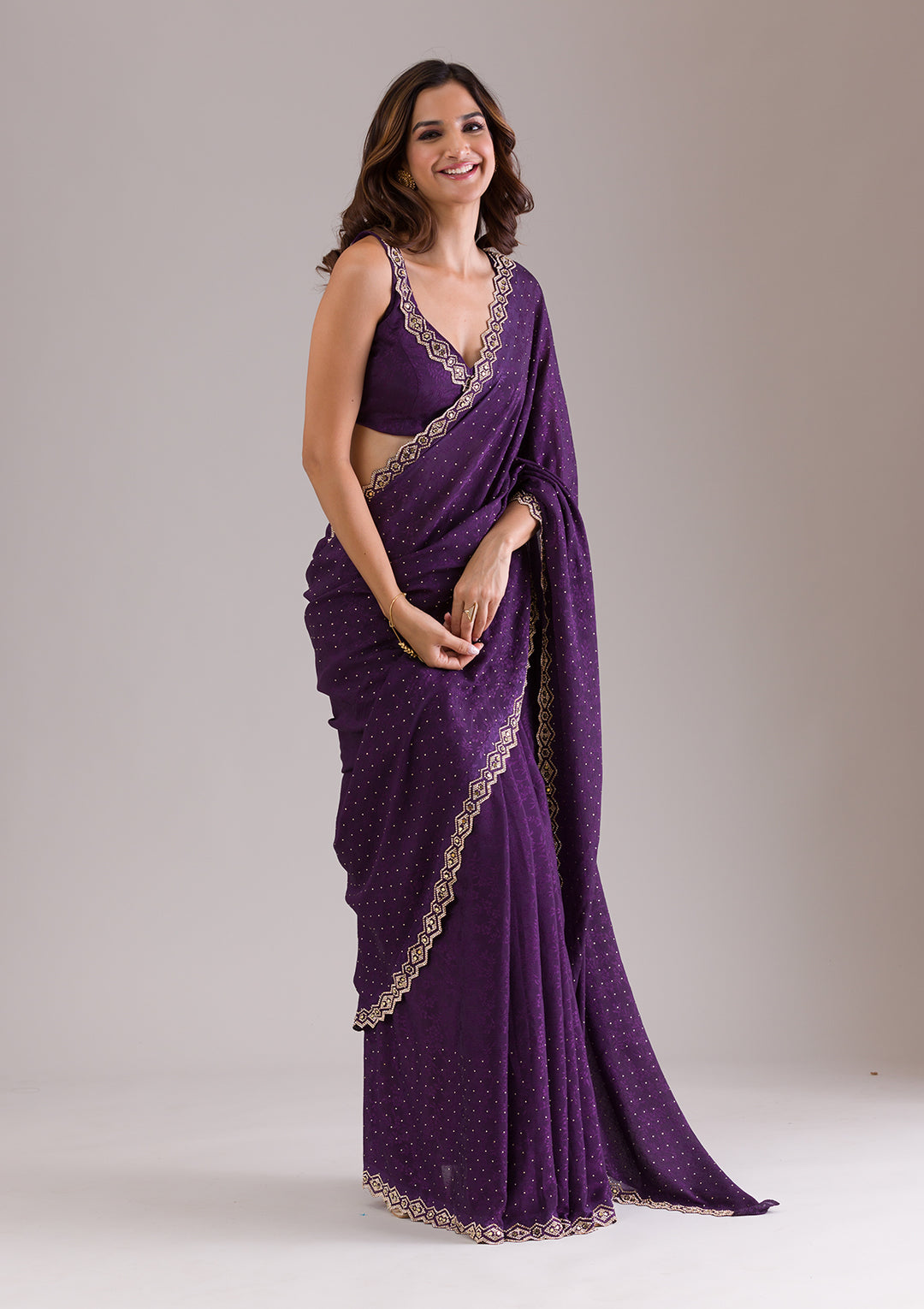 Purple Crepe Mirrorwork Saree With Matching Blouse Piece