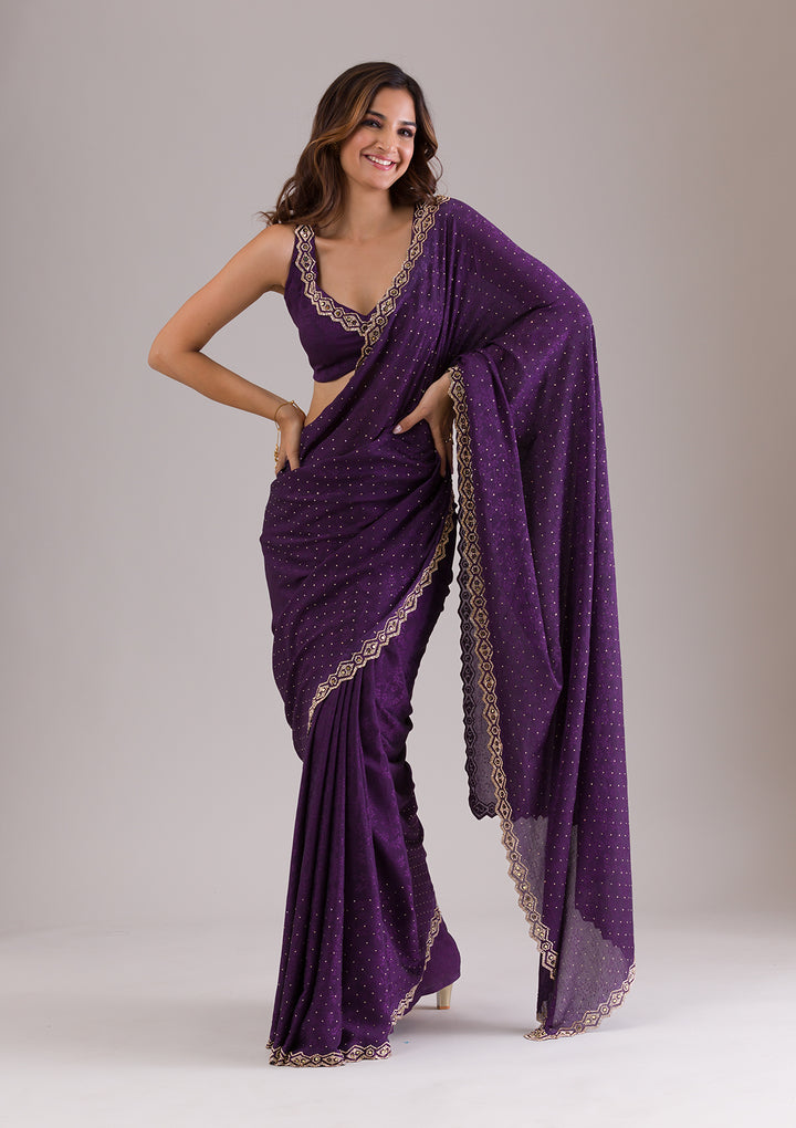 Purple Crepe Mirrorwork Saree With Matching Blouse Piece