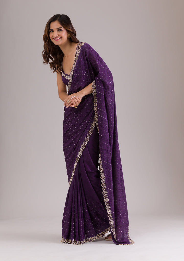 Purple Crepe Mirrorwork Saree With Matching Blouse Piece