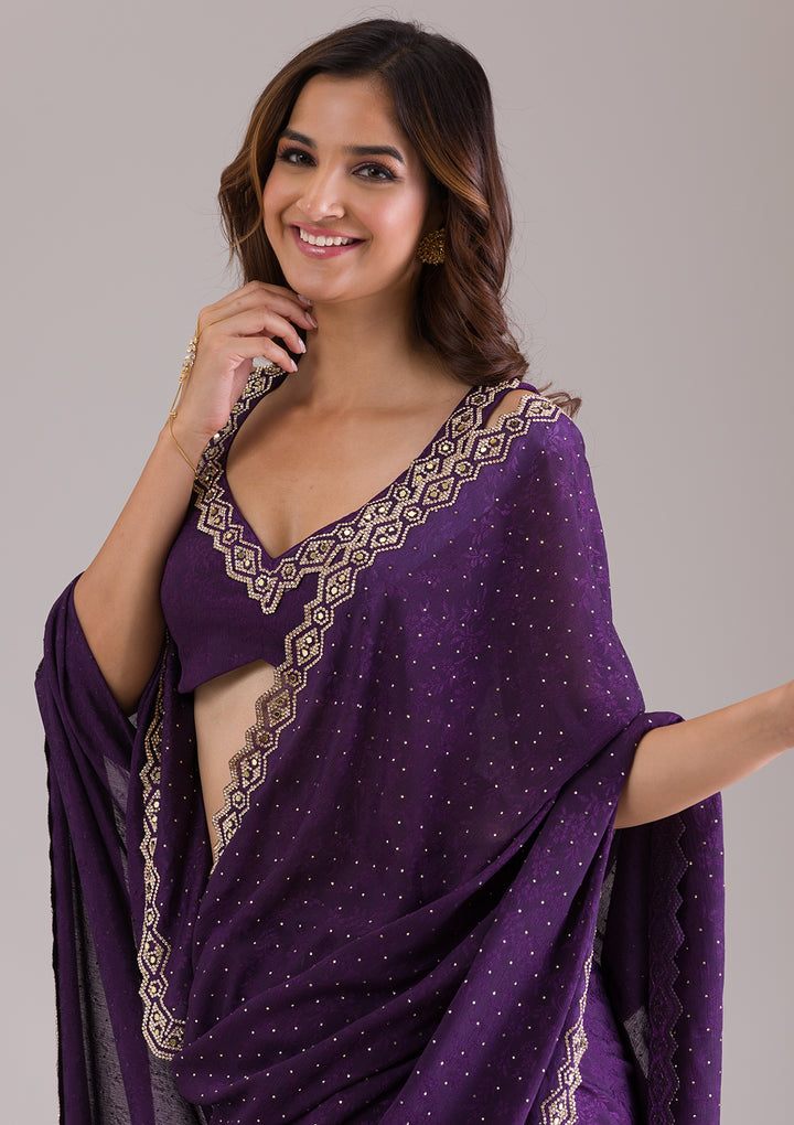 Purple Crepe Mirrorwork Saree With Matching Blouse Piece