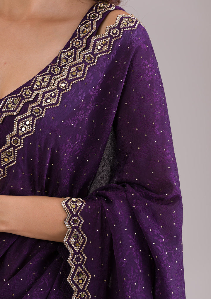 Purple Crepe Mirrorwork Saree With Matching Blouse Piece