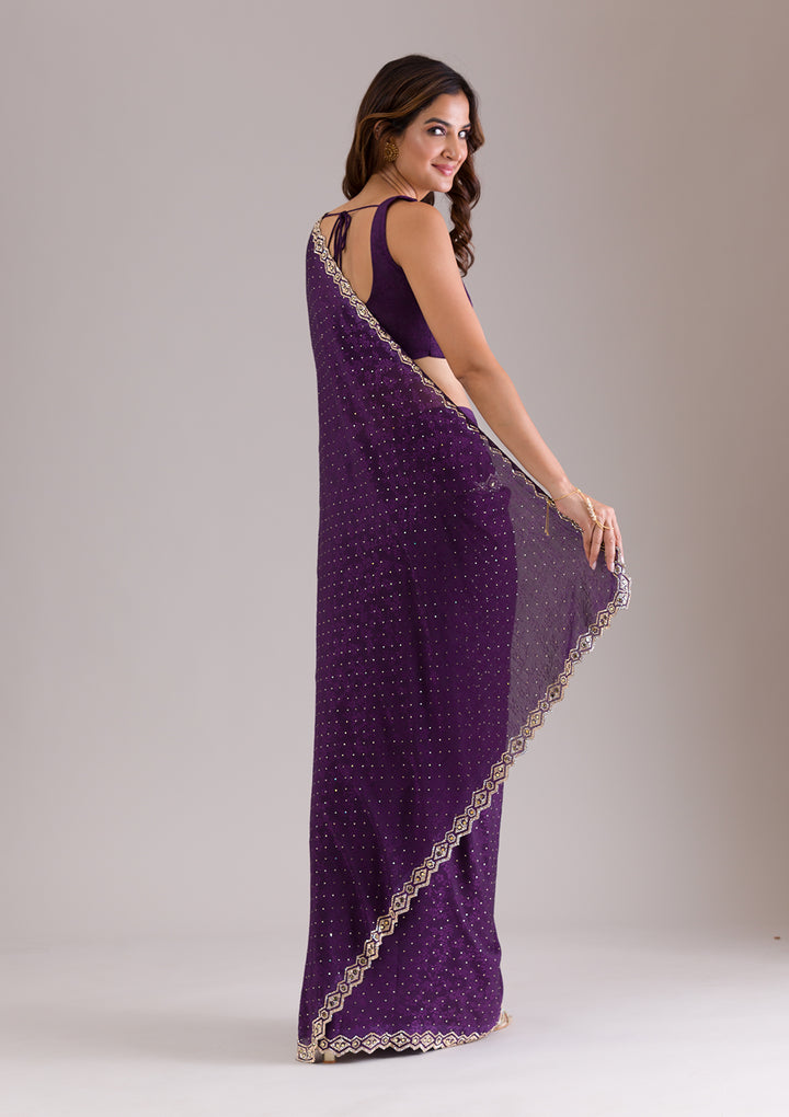 Purple Crepe Mirrorwork Saree With Matching Blouse Piece