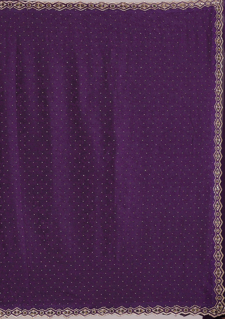 Purple Crepe Mirrorwork Saree With Matching Blouse Piece