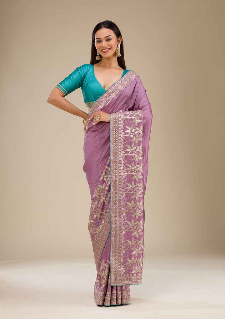 Purple Soft Raw Silk Gold Stonework Saree With Matching Blouse Piece