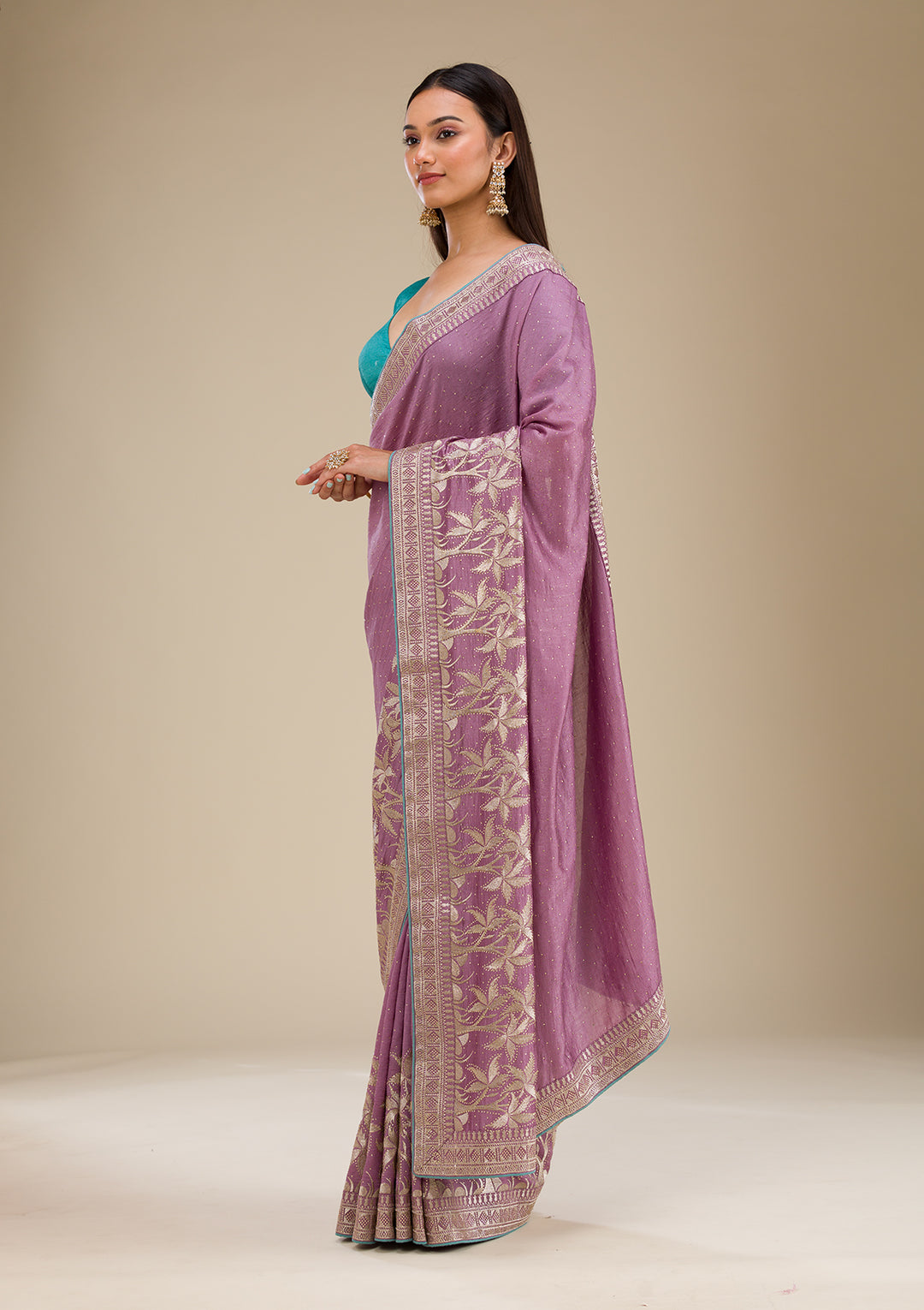 Purple Soft Raw Silk Gold Stonework Saree With Matching Blouse Piece