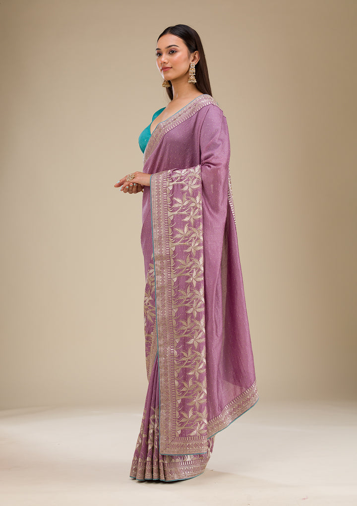 Purple Soft Raw Silk Gold Stonework Saree With Matching Blouse Piece