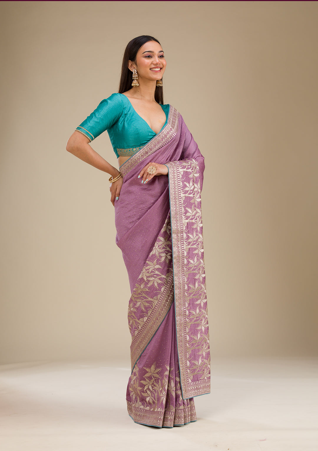 Purple Soft Raw Silk Gold Stonework Saree With Matching Blouse Piece
