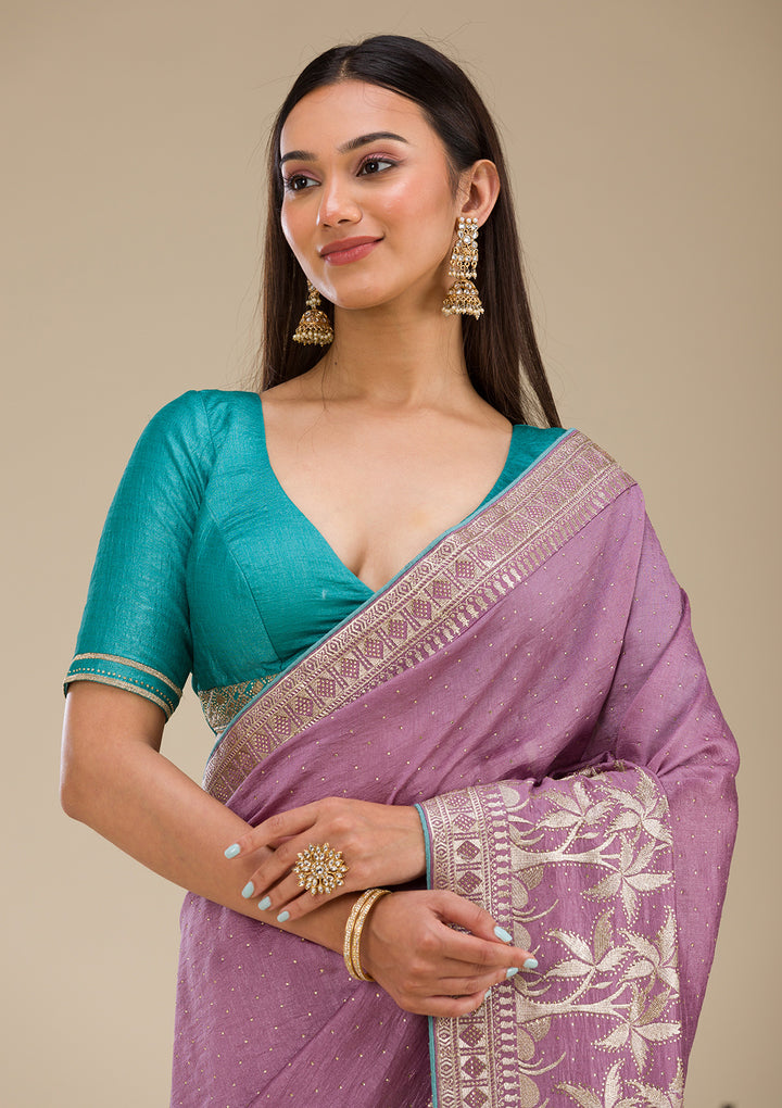 Purple Soft Raw Silk Gold Stonework Saree With Matching Blouse Piece