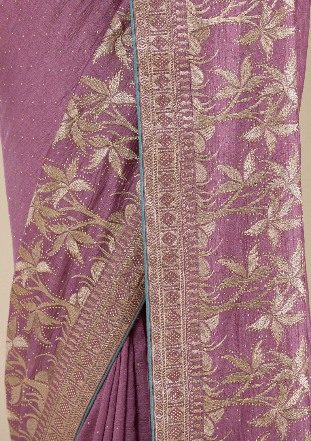 Purple Soft Raw Silk Gold Stonework Saree With Matching Blouse Piece