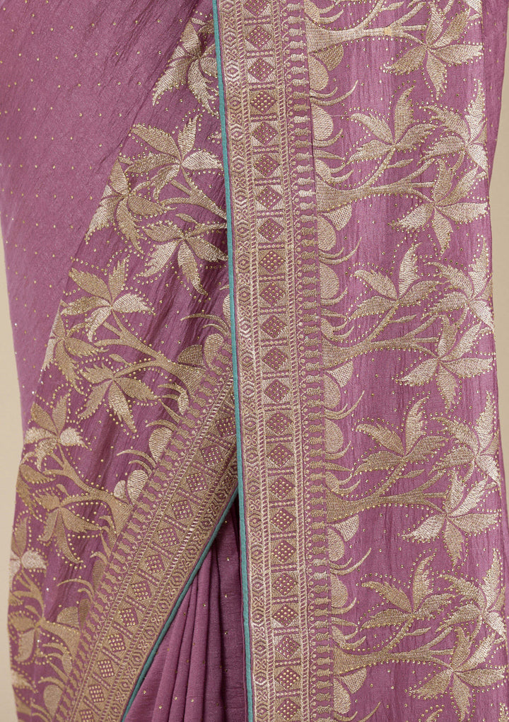 Purple Soft Raw Silk Gold Stonework Saree With Matching Blouse Piece