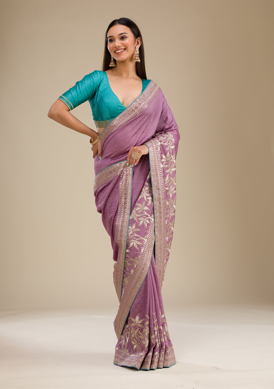 Purple Soft Raw Silk Gold Stonework Saree With Matching Blouse Piece