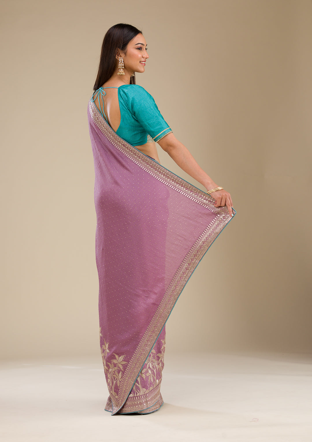 Purple Soft Raw Silk Gold Stonework Saree With Matching Blouse Piece