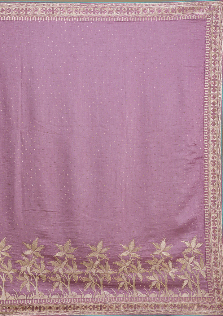 Purple Soft Raw Silk Gold Stonework Saree With Matching Blouse Piece