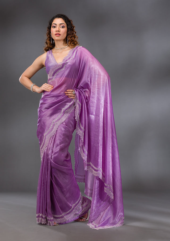 Purple Organza Silver Stonework Saree With Matching Blouse Piece