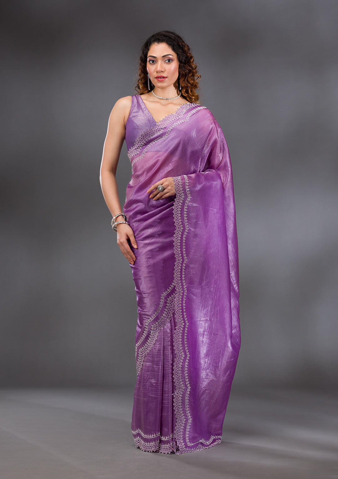 Purple Organza Silver Stonework Saree With Matching Blouse Piece