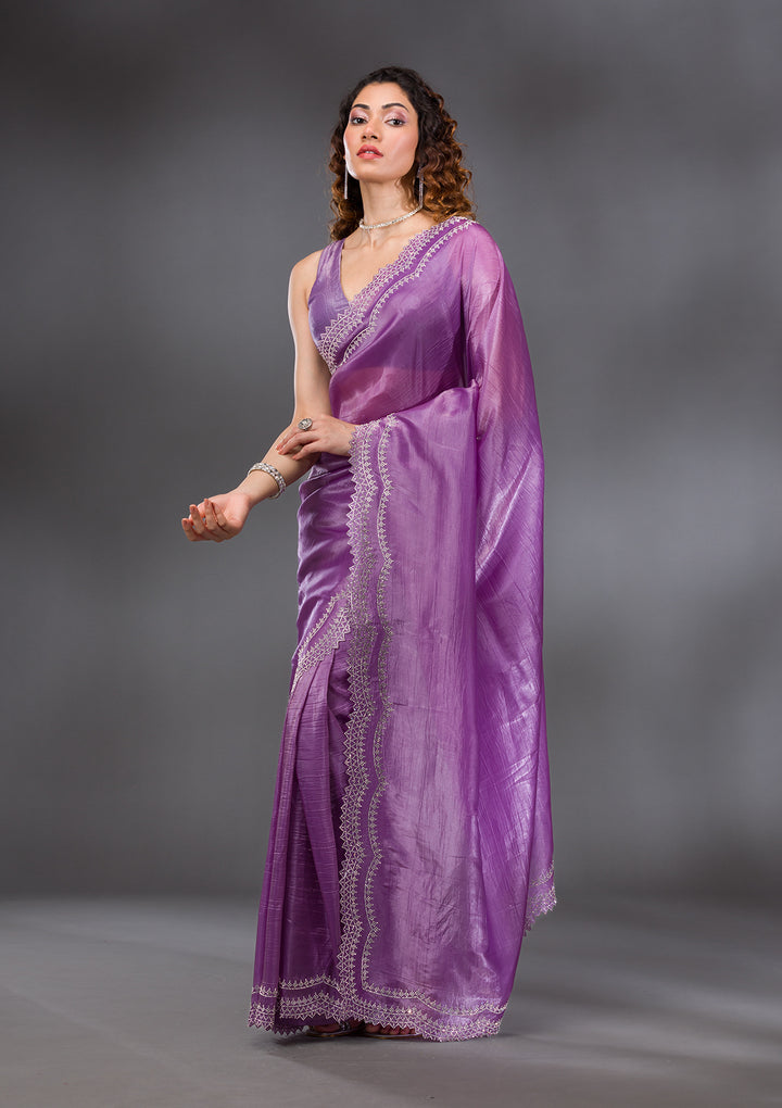 Purple Organza Silver Stonework Saree With Matching Blouse Piece