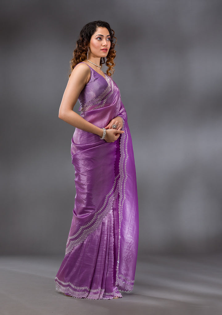 Purple Organza Silver Stonework Saree With Matching Blouse Piece