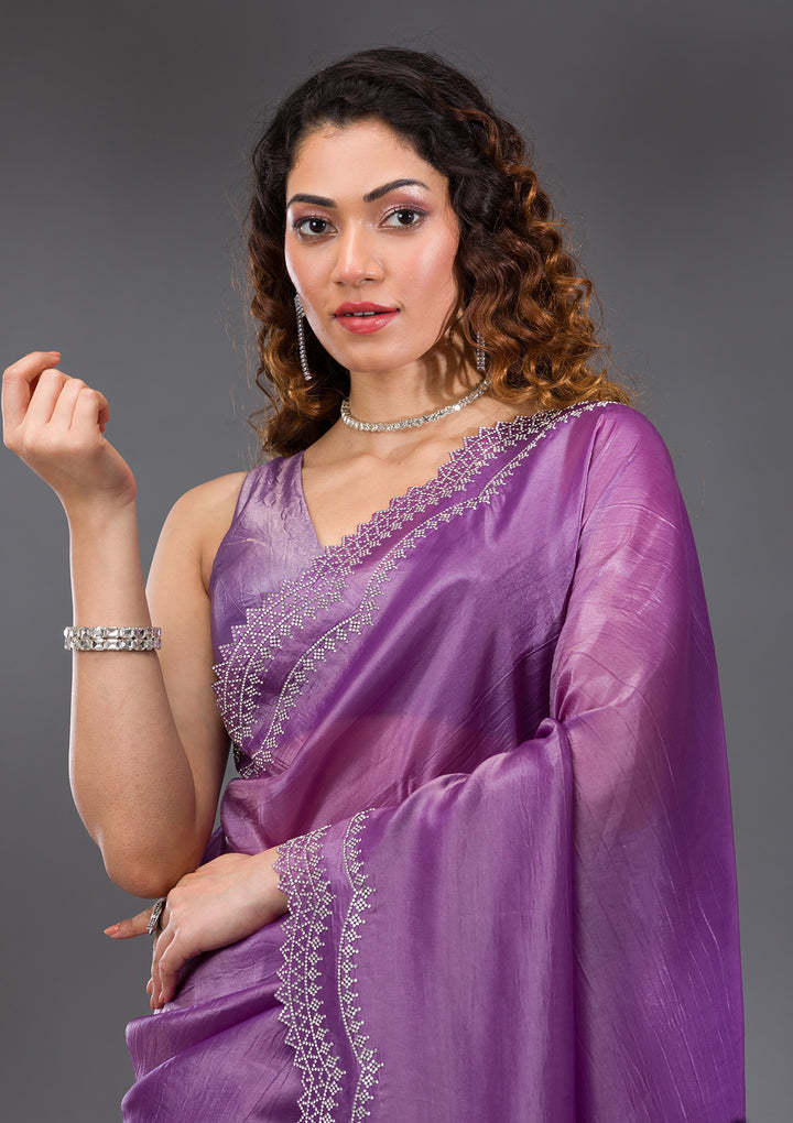 Purple Organza Silver Stonework Saree With Matching Blouse Piece