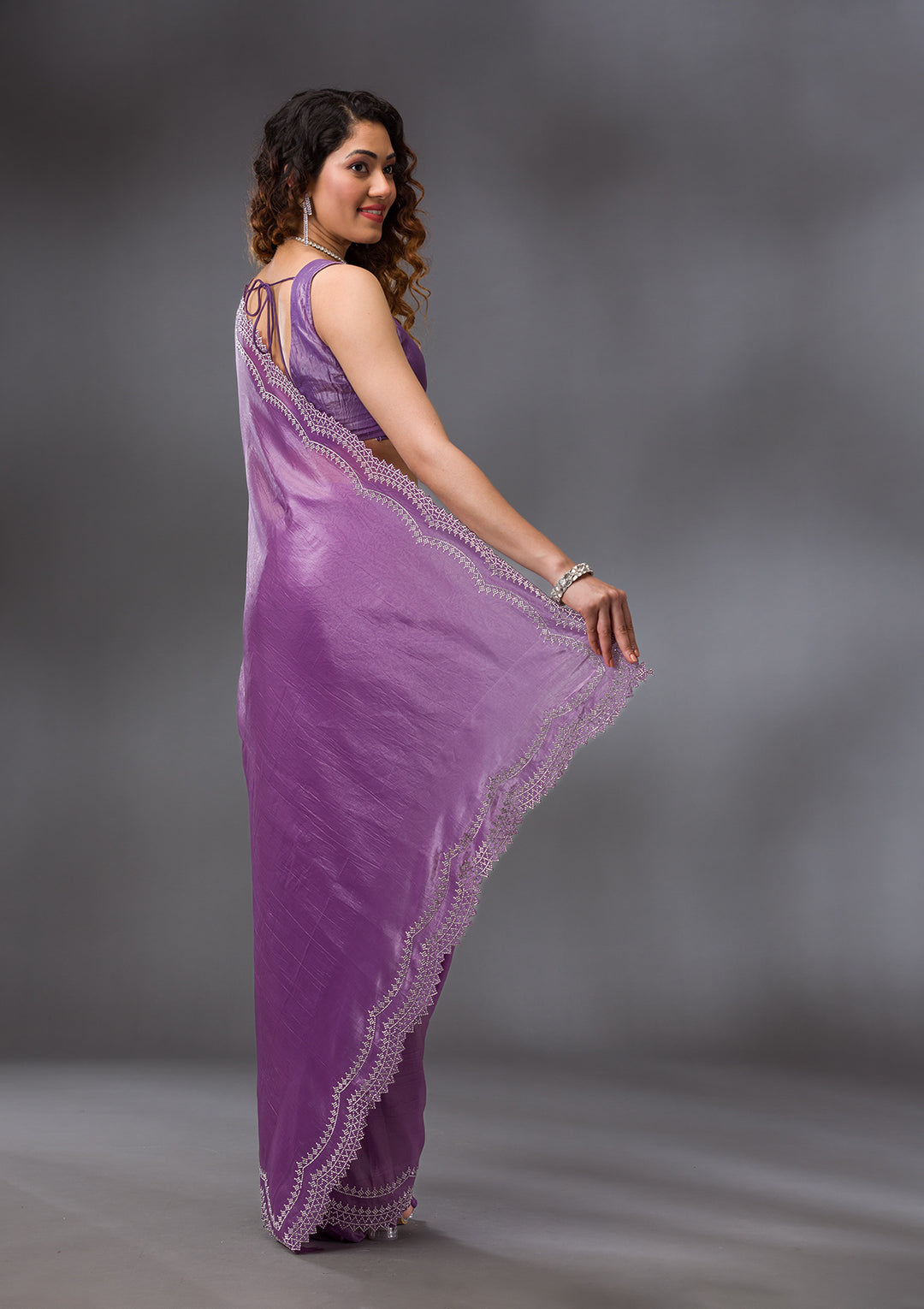Purple Organza Silver Stonework Saree With Matching Blouse Piece