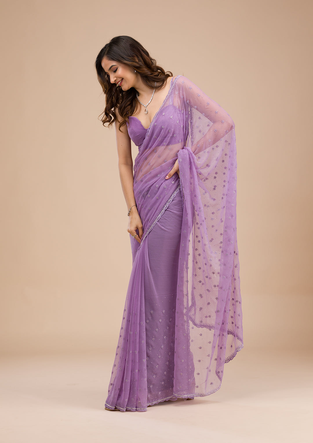 Purple Threadwork Chiffon Saree