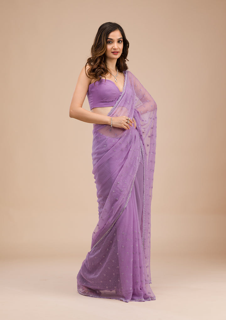 Purple Threadwork Chiffon Saree
