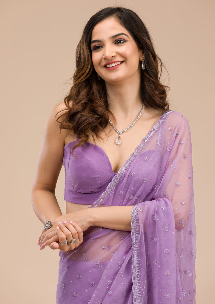 Purple Threadwork Chiffon Saree