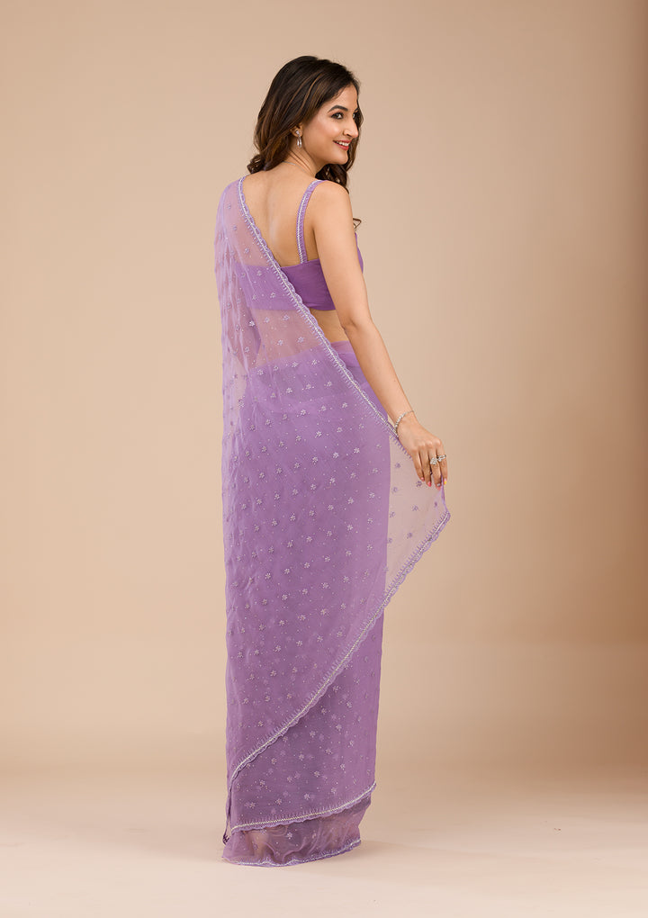 Purple Threadwork Chiffon Saree