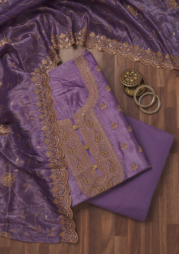 Purple Chinon Threadwork Unstitched Dress Material With Matching Bottom And Dupatta