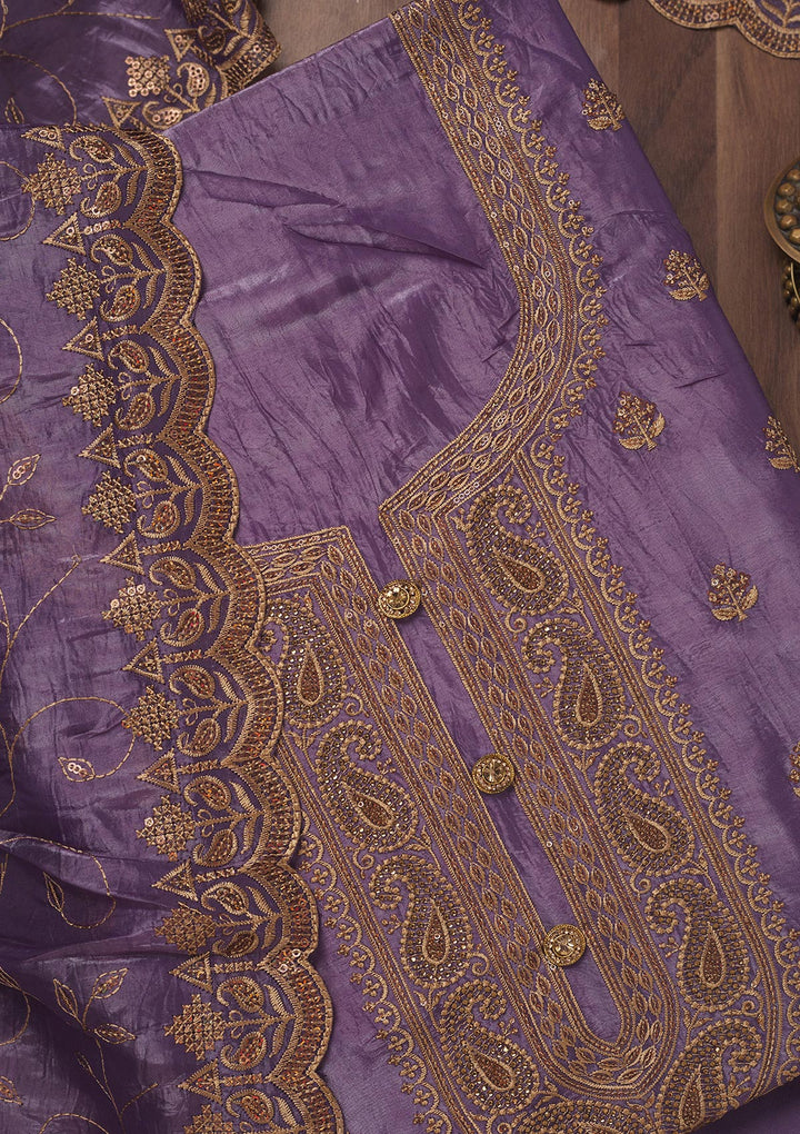 Purple Chinon Threadwork Unstitched Dress Material With Matching Bottom And Dupatta