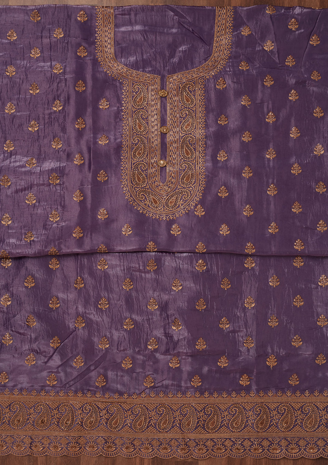 Purple Chinon Threadwork Unstitched Dress Material With Matching Bottom And Dupatta