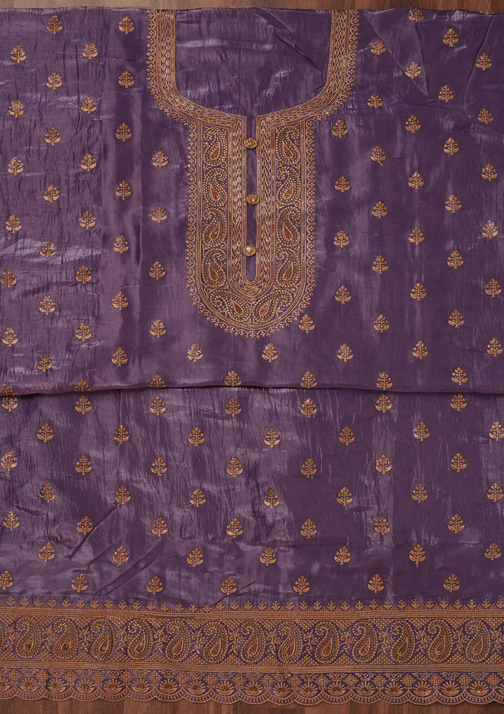 Purple Chinon Threadwork Unstitched Dress Material With Matching Bottom And Dupatta