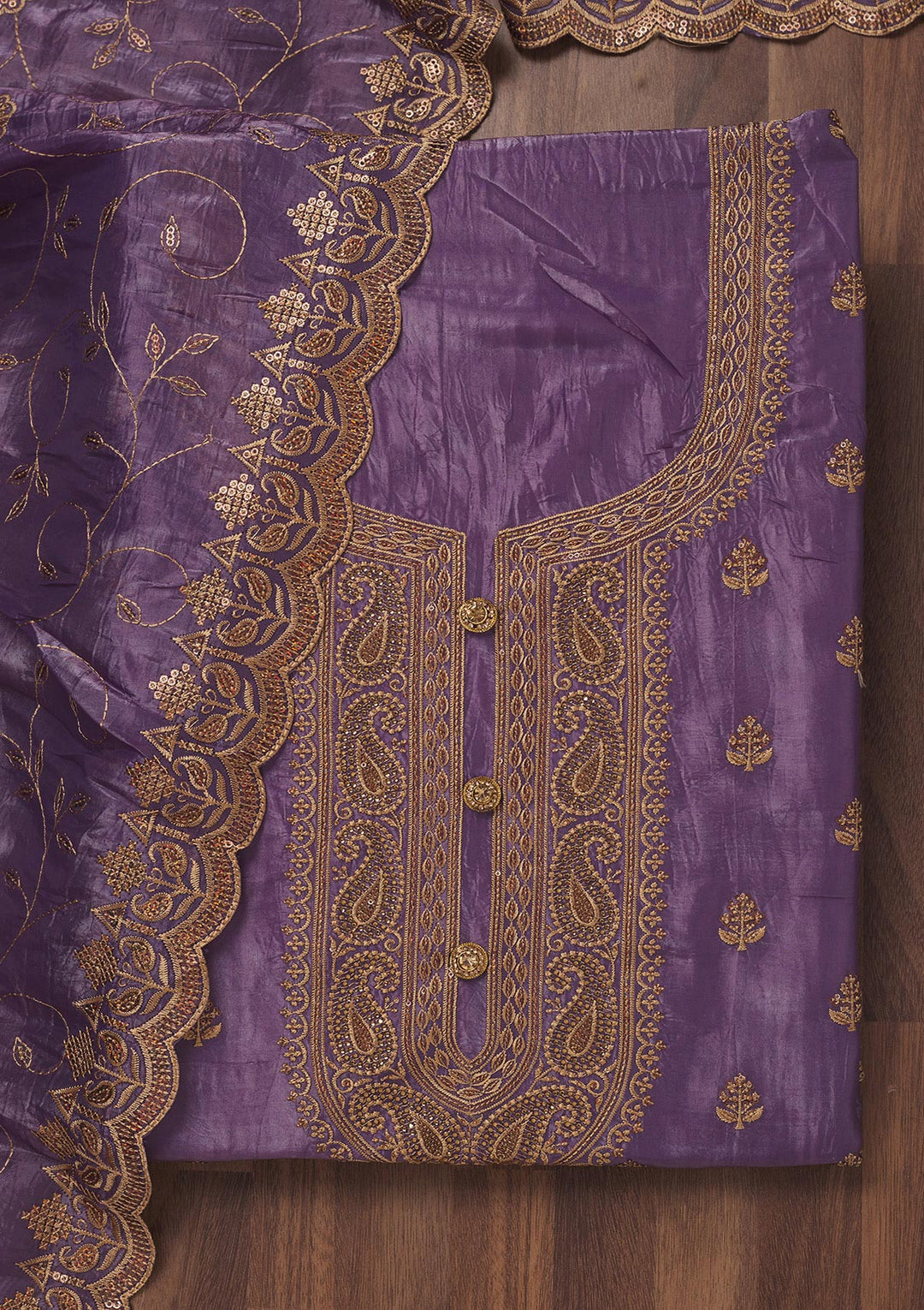 Purple Chinon Threadwork Unstitched Dress Material With Matching Bottom And Dupatta