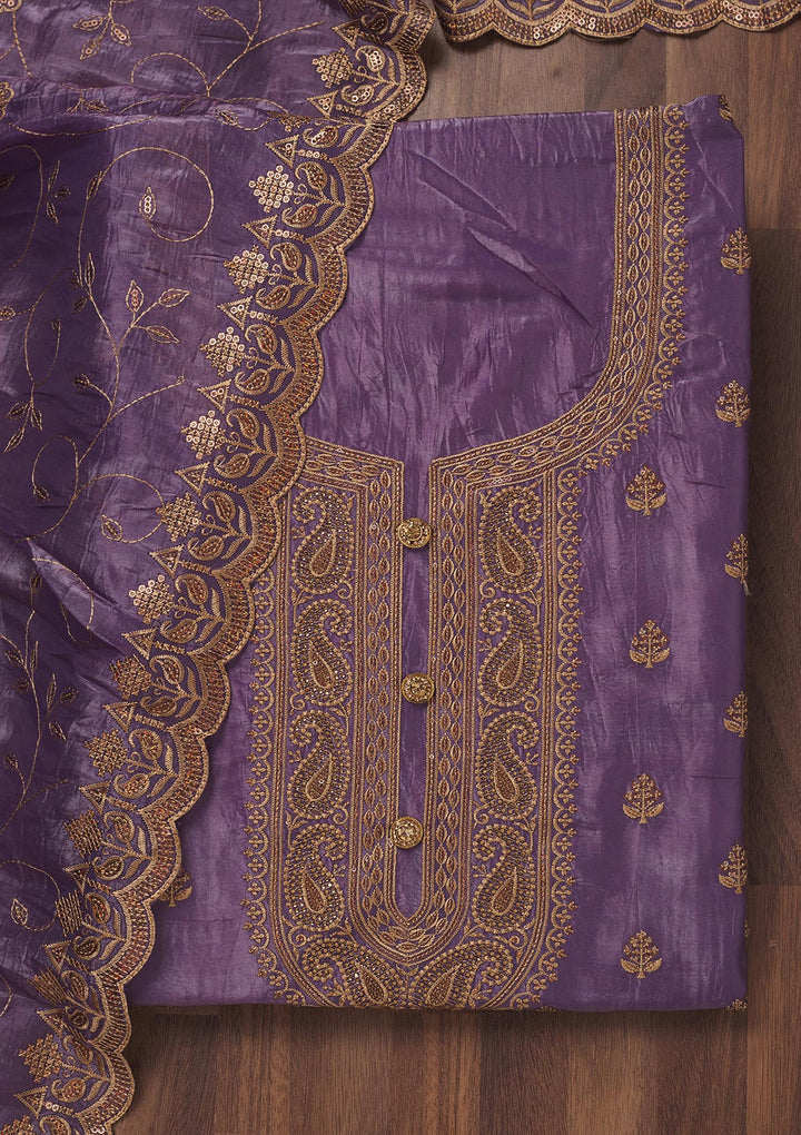 Purple Chinon Threadwork Unstitched Dress Material With Matching Bottom And Dupatta