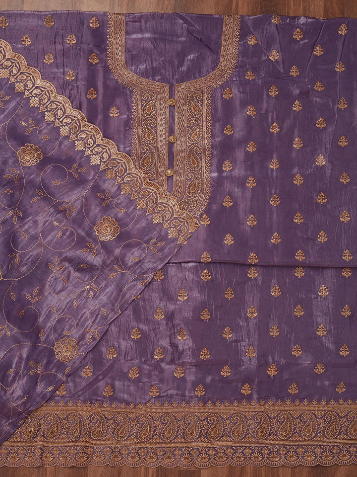 Purple Chinon Threadwork Unstitched Dress Material With Matching Bottom And Dupatta