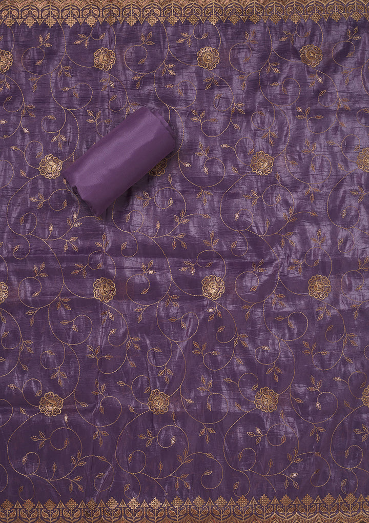 Purple Chinon Threadwork Unstitched Dress Material With Matching Bottom And Dupatta