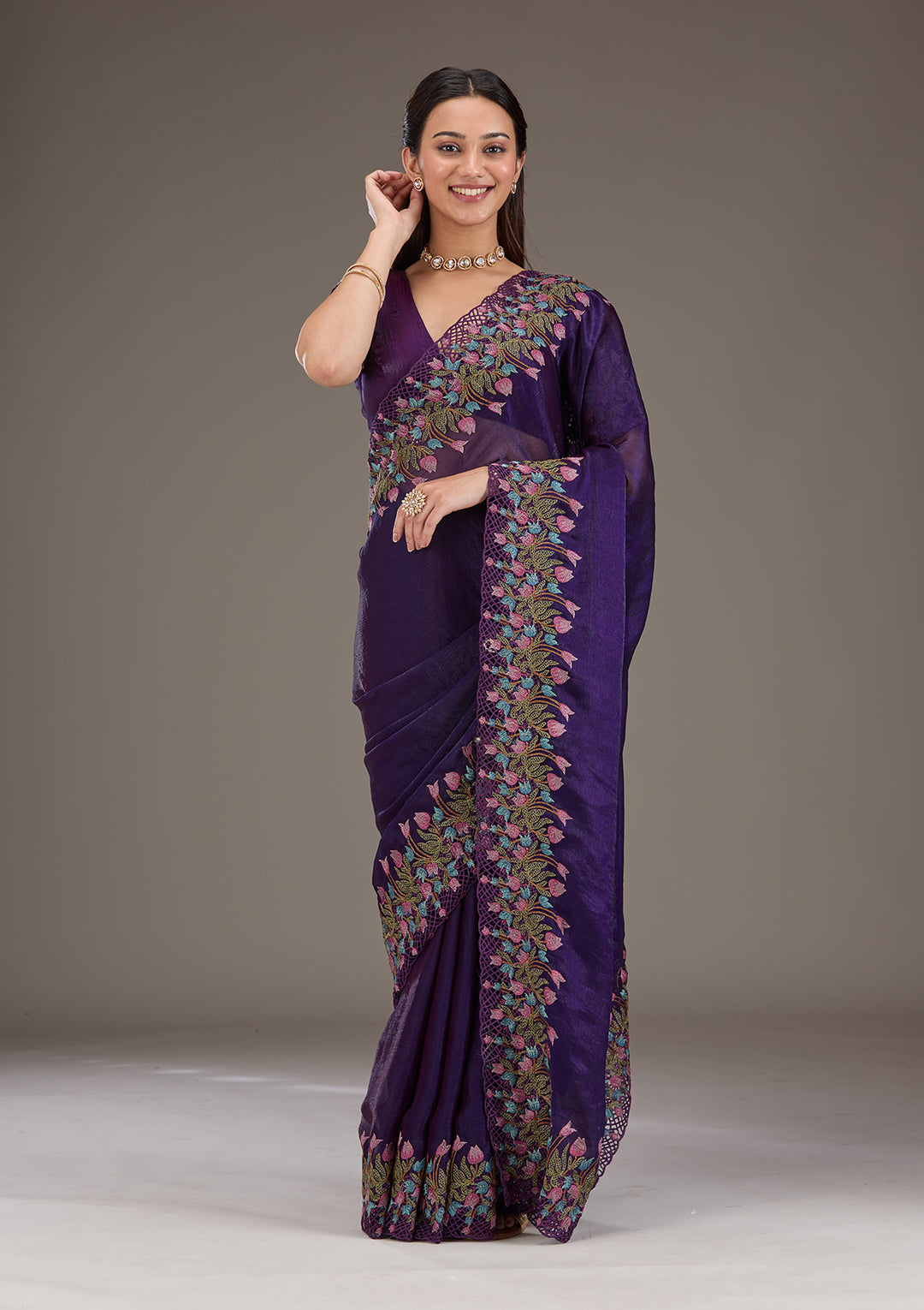 Purple Tissue Cutwork Saree With Matching Blouse Piece