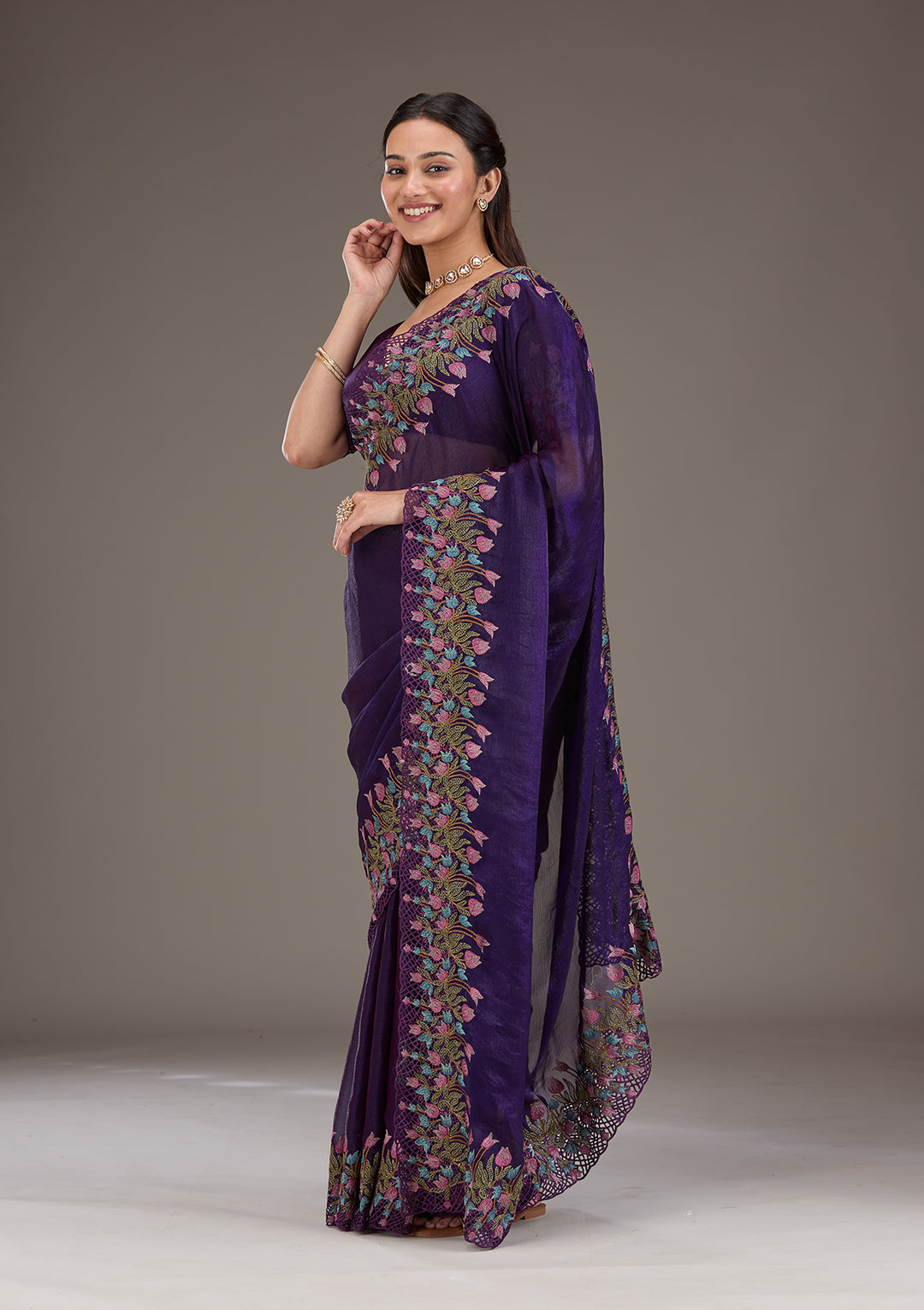 Purple Tissue Cutwork Saree With Matching Blouse Piece