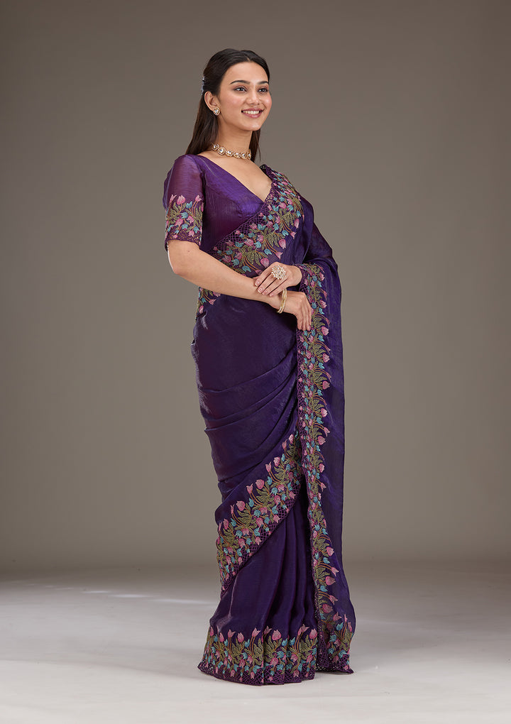 Purple Tissue Cutwork Saree With Matching Blouse Piece