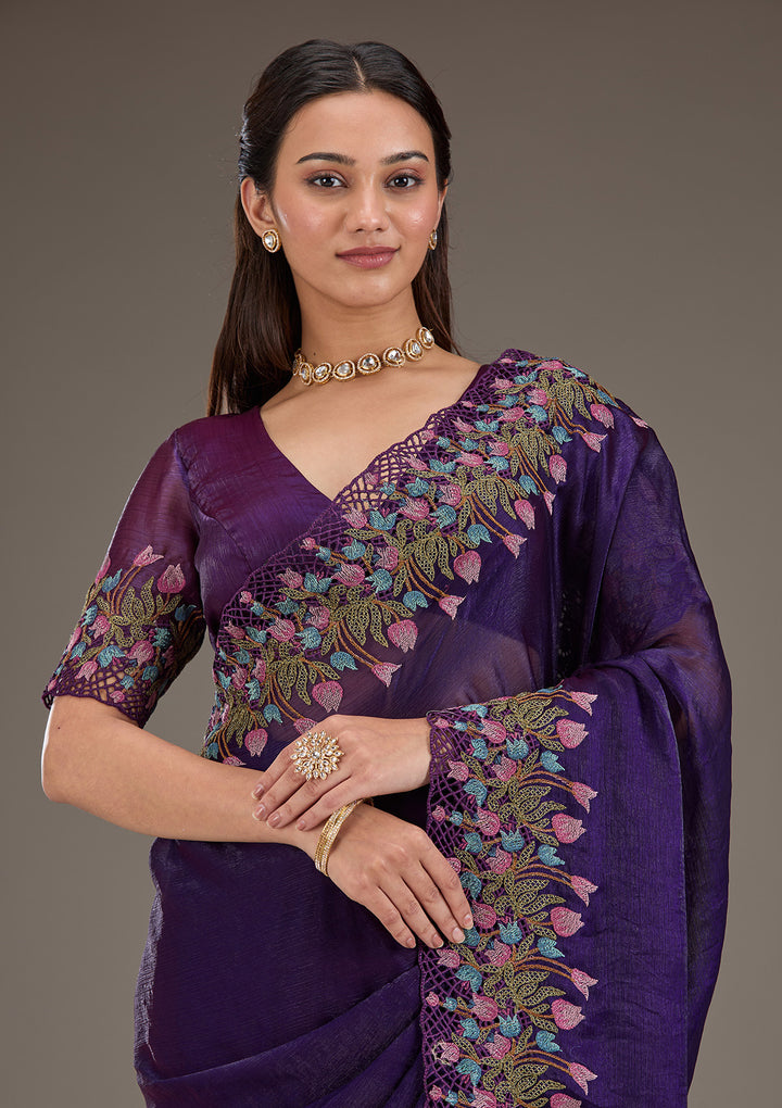 Purple Tissue Cutwork Saree With Matching Blouse Piece