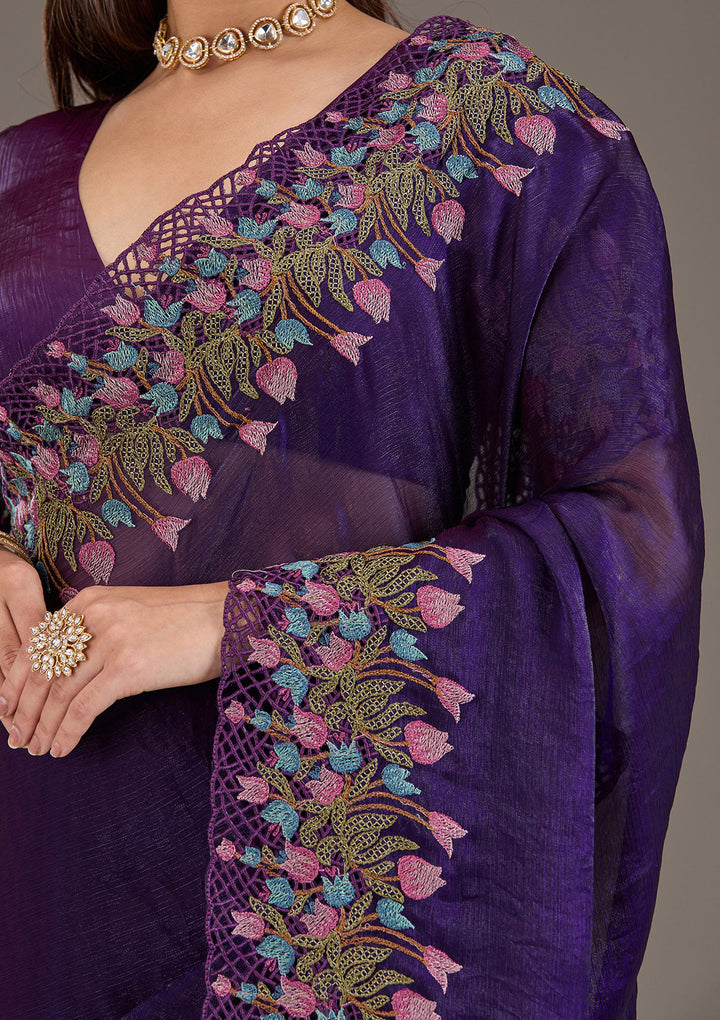 Purple Tissue Cutwork Saree With Matching Blouse Piece